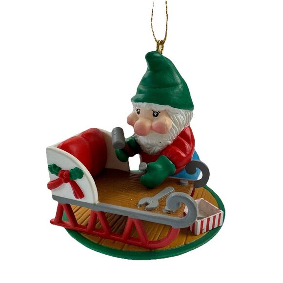 National Rennoc Elf Ornament Christmas Gnome Building Sleigh Vintage 1991 - Picture 1 of 12